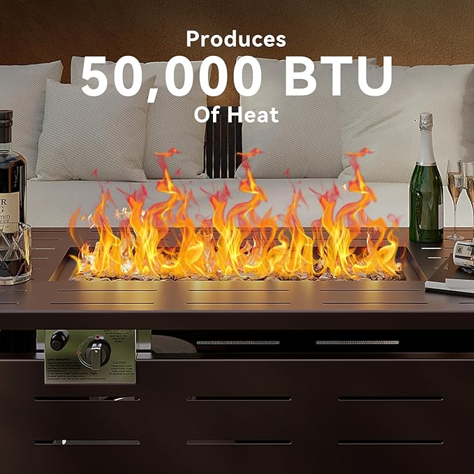Aoxun 41" Propane Fire Pit Table – 50,000 BTU Outdoor Gas Fire Pits with Removable Lid & Waterproof Cover, Lava Rocks Rectangle Gas Firepit Table for Outside Patio Brown