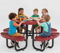 Metal Picnic Tables for Outdoors with Umbrella Hole - Coated Steel Heavy Duty Commercial Grade Furniture Set with Adjustable Seats (Red, 38 in, Round, Expanded Steel)