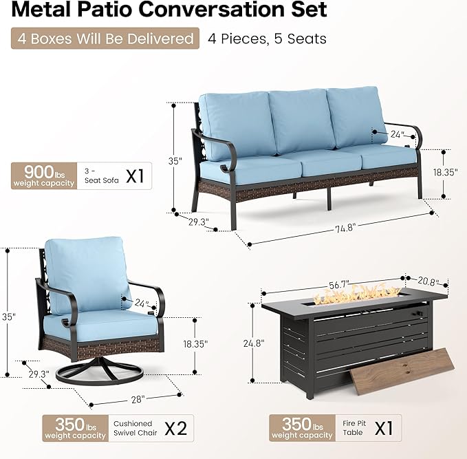 SUNSHINE VALLEY 4 Piece Black Metal Outdoor Patio Furniture Sets with Firepit Table, Patio Conversation Sets 1 3-Seater Sofa, 2 Swivel Sofa with 5.75" Thick Cushion Backyard Furniture for Deck, Blue