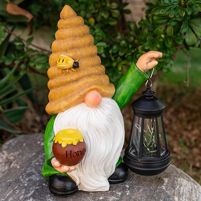 WONDHOME 12.3''Solar Garden Gnomes Outdoor Decor Honey Bee jar Gnome Statues with LED Lantern Xmas Patio Lawn Yard Art Decoration Birthday Christmas Gardening Gifts for Mom Dad, Bee Gnome