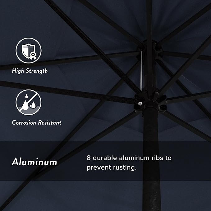 California Umbrella 9' Rd Aluminum Patio Umbrella, Crank Lift, Auto Tilt, Black Finish, Sunbrella Regatta