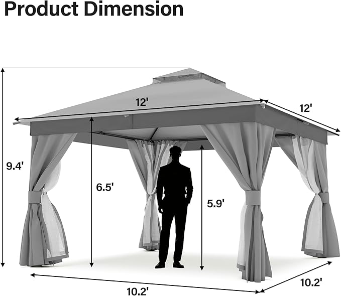 LAUSAINT HOME Outdoor Patio Gazebo 12'x12' with Expansion Bolts, Heavy Duty Party Tent & Shelter with Double Roofs, Mosquito Nettings and Privacy Screens for Backyard (Grey)