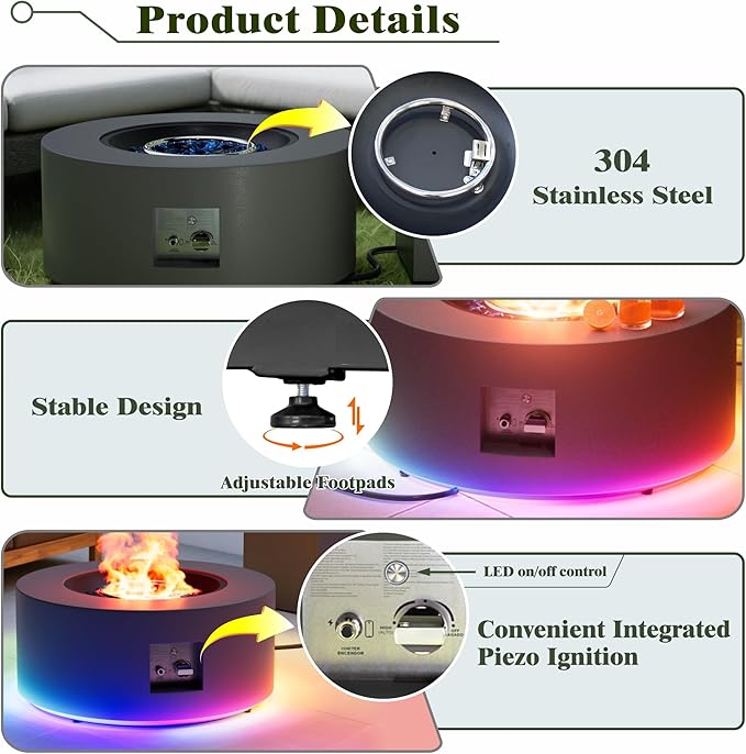 Dineli 2-Piece Outdoor Propane Fire Pit Table Set w Tank Table 30'' Round Fire Pit Table 2-in-1 Firepit Table for Outside Patio Gas Fire Pit w LED, 50,000 BTU, Dark Gray with RGB Light