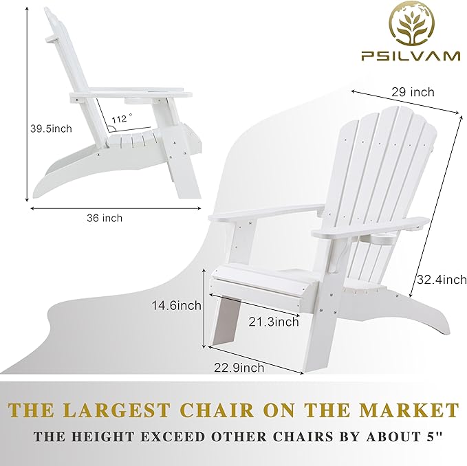 Psilvam Adirondack Chair, Oversized Poly Lumber Fire Pit Chair with Cup Holder, 350Lbs Support Patio Chairs for Garden, Weather Resistant Outdoors Seating, Relaxing Gift for Father & Mother (2,White)