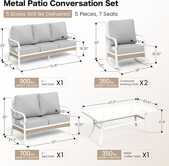 SUNSHINE VALLEY 5 PCS Metal Outdoor Patio Furniture Set, Patio Conversations Sets 3-Seater Couch, 2-Seater Sofa, 2 Rocking Sofa with 5.75" Thick Cushion and Coffee Table White Backyard Furniture, Gray