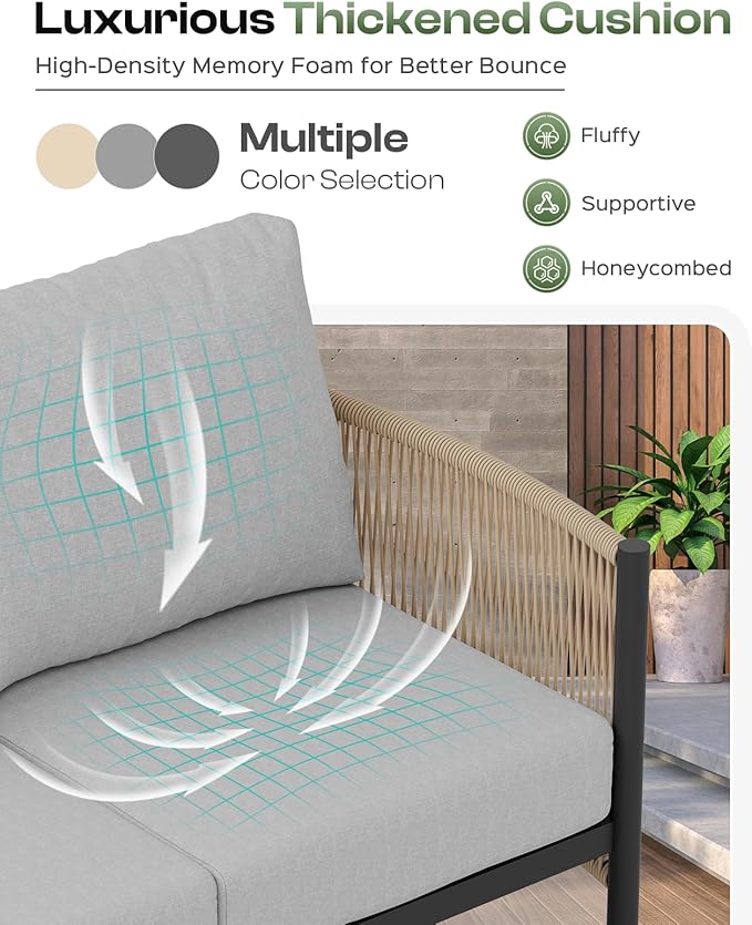 Aluminum Outdoor Patio Furniture Set, HDPE Rope 5 Piece Modern Sectional Conversation Sets with Dual-Layer Coffee Table, All Weather Patio Couch Sofa with Thick Cushions, Gray Frame, Gray