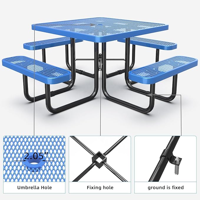 dafrigic 46" Square All Weather Resistant Commercial Picnic Table for Outdoors, Heavy Duty Picnic Table up to 4600 lbs with Umbrella Hole for School, Warehouse, Coffee Shop, Blue