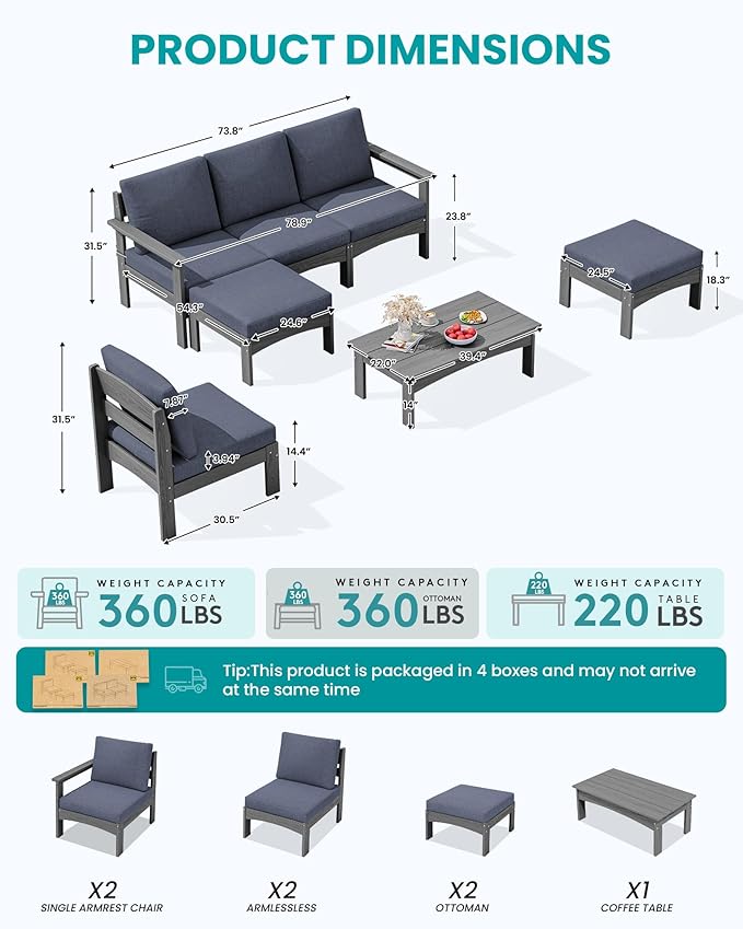 SERWALL 7-Piece Patio Sofa Set, Outdoor Furniture Set, All-Weather HDPE Outdoor Sectional Conversation Set with Cushions and Coffee Table, Large Modular Sofas for Garden, Grey Frame with Grey Cushion