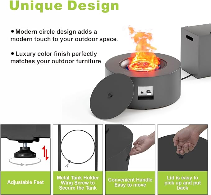 Dineli 2-Piece Outdoor Propane Fire Pit Table Set w Tank Table 30'' Round Fire Pit Table 2-in-1 Firepit Table for Outside Patio Gas Fire Pit Fireplace, 50,000 BTU, Dark Gray