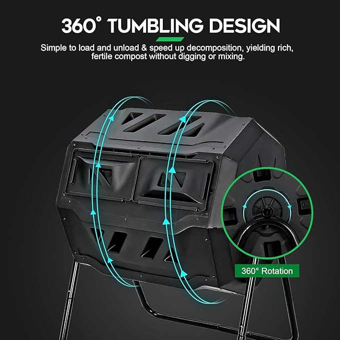 Saicool 43 Gallon Large Composting Tumbler Dual Chamber Outdoor Garden Rotating Compost Bin Tumbling Composter with Sliding Door,Black