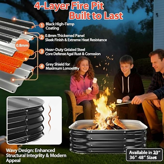 Fire Pit Ring,23in Heavy Duty Square Firepit for Outside,11'' Tall Galvanized Steel Bonfire Pits,Wood Burning Outdoor Fireplaces,Portable for Backyard,Camping,Patio,Beach