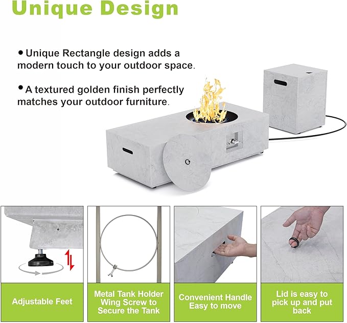 Dineli 2-Piece Outdoor Propane Fire Pit Table Set w Tank Table 48'' Rectangular Firepit Gas Fire Pits for Outside Patio Fire Table Tabletop Fire Pits w CSA Certified, 50,000 BTU, Stone-Look Marble