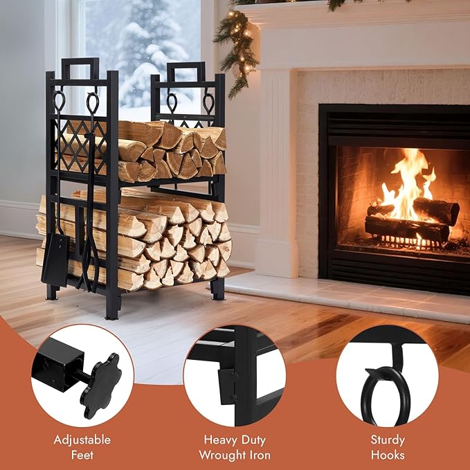 INNO STAGE Firewood Rack Fireplce Firepit Tools Set Double Layer Iron Wood Log Holder for Fire Place Outdoor Indoor Accessories-Brush, Shovel, Tong, Hook