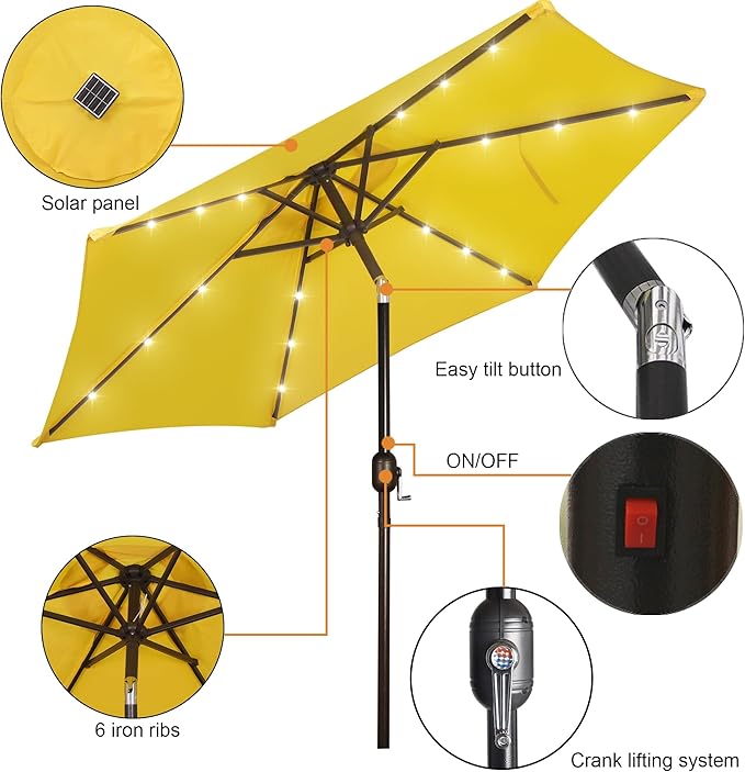 Blissun 7.5 ft Solar Umbrella, 18 LED Lighted Patio Umbrella, Table Market Umbrella