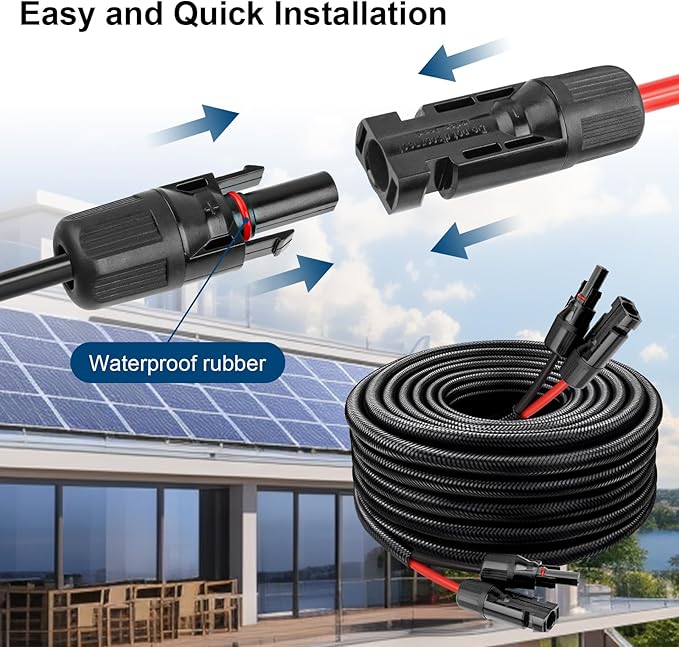 Solar Panel Extension Cable - 10AWG 25FT Solar Wire with Female & Male Waterproof Connector Flame Retardant Protective Sleeving PV Wire for RV, Photovoltaic Systems, Home, Boat, Solar Panels, Car