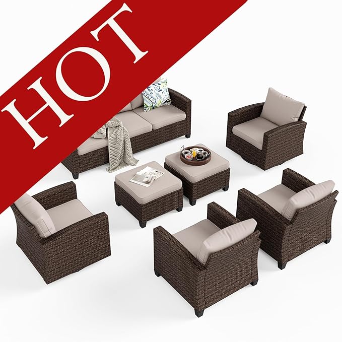 HERA'S HOUSE Swivel Glider Patio Furniture Set, 7 Pieces Wicker Outdoor Seating Furniture, Patio Conversation Sofa Sets for Lawn Backyard Deck, Beige