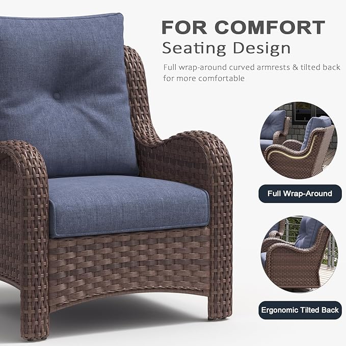 LayinSun 7 Pieces Outdoor Patio Furniture Set with Fire Pit Table, Rattan Wicker Sectional Chairs Sets with Ottomans, Single Chairs and Coffee Table