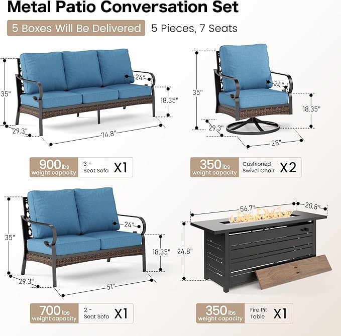 SUNSHINE VALLEY 5 Piece Metal Outdoor Patio Furniture Sets with Firepit Table, Patio Conversation Sets 1 3-Seater Sofa, 1 Loveseat, 2 Swivel Chair with 5.75" Cushion for Backyard Deck, Denim Blue