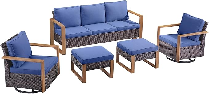Rilyson Outdoor Wicker Patio Furniture Set - 5 Piece Patio Conversation Set with 2 Wicker Swivel Rocker Chairs,2 Rattan Ottoman and 1 Couch,Thick Cushions,Deep Seating,Wide Armrest(Brown/Blue)