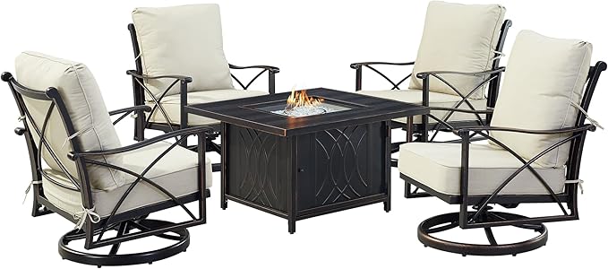 Oakland Living Black Aluminum Patio Fire Table Set with Four Club Chairs