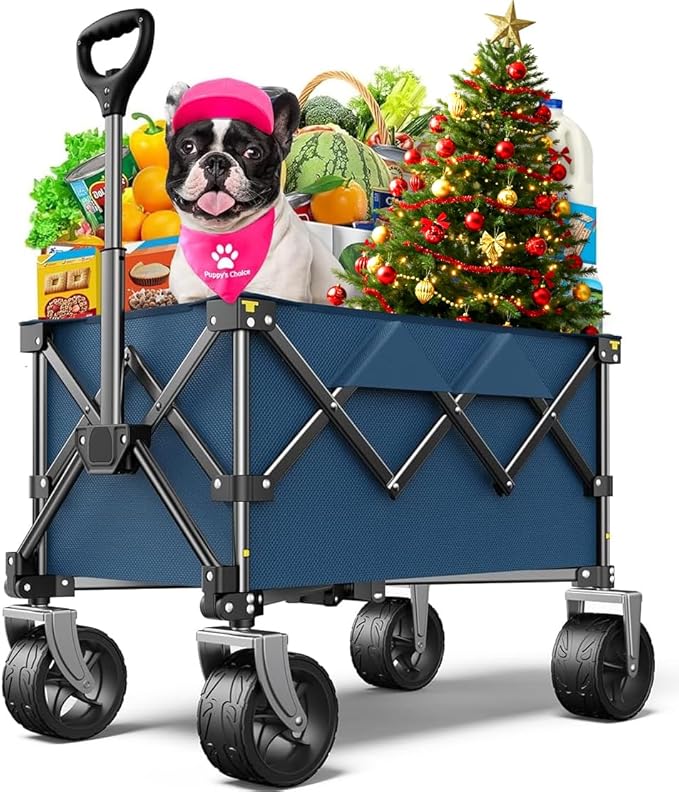 Collapsible Folding Wagon Cart with Large Wheels & 150L Capacity | Heavy-Duty Foldable Utility Wagon for Groceries, Camping, Beach, Sports & Garden Use | Compact Storage, No-Tool Setup-Blue