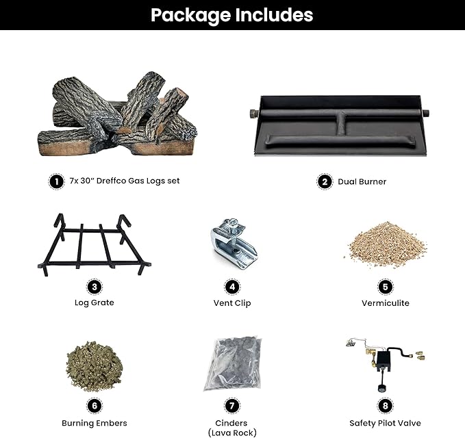 30" Premium Gas Logs - Safety Pilot Light Kit Included - for Liquid Propane Vented Fireplaces - Blazing Oak Design (Logs + Safety Pilot Light Kit)