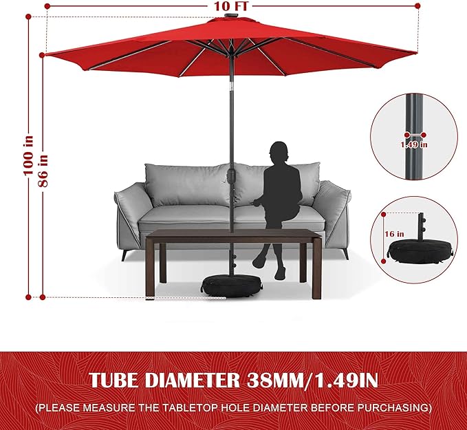Sundale Outdoor Olefin 5-Year-Non-Fading Solar 88 LED 10FT Solar Patio Umbrella with Sand Bag Base, Outdoor Umbrella with Tilt and Crank, Red