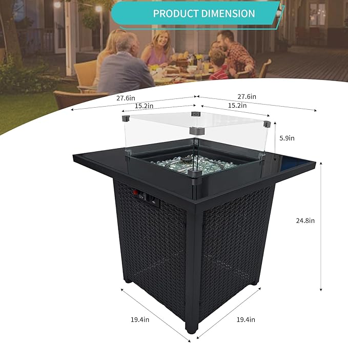 Fire Pit Table 28" Wicker &Rattan Square Propane Outdoor Fire Pit with Lid, Glass Wind Guard, CSA Listed, 50,000BTU, Gas Fire Pit Table for Patio Garden Backyard Deck (Black)