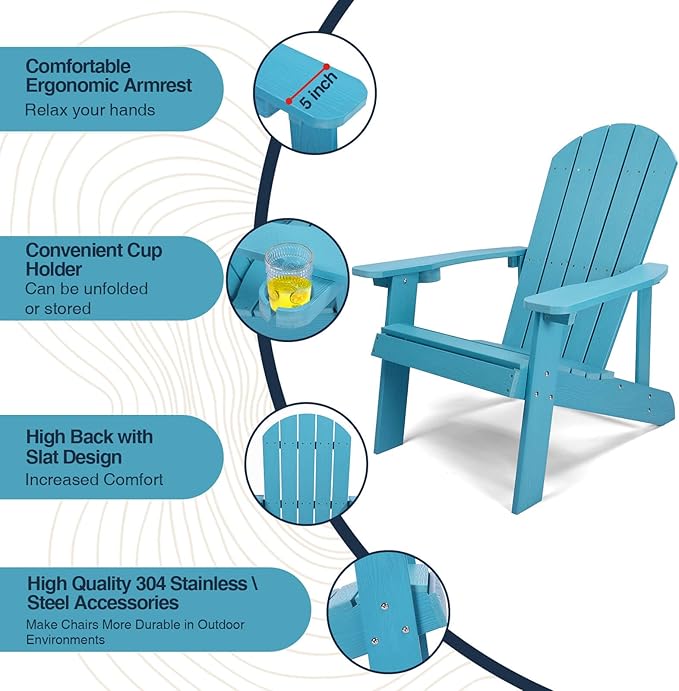Adirondack Chairs Set of 2, All Weather Resistant Plastic Chairs with Cup Holder, 5 Easy Steps to Install, Outdoor Chairs for Patio, Garden, Backyard Deck, Lawn, Fire Pit - Lake Blue