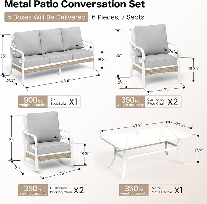 SUNSHINE VALLEY 6 PCS Metal Outdoor Patio Furniture Set, Patio Conversation Set 1 3-Seater Couch, 2 Fixed Sofa, 2 Rocking Sofa with 5.75" Thick Cushion and Coffee Table White Backyard Furniture, Gray