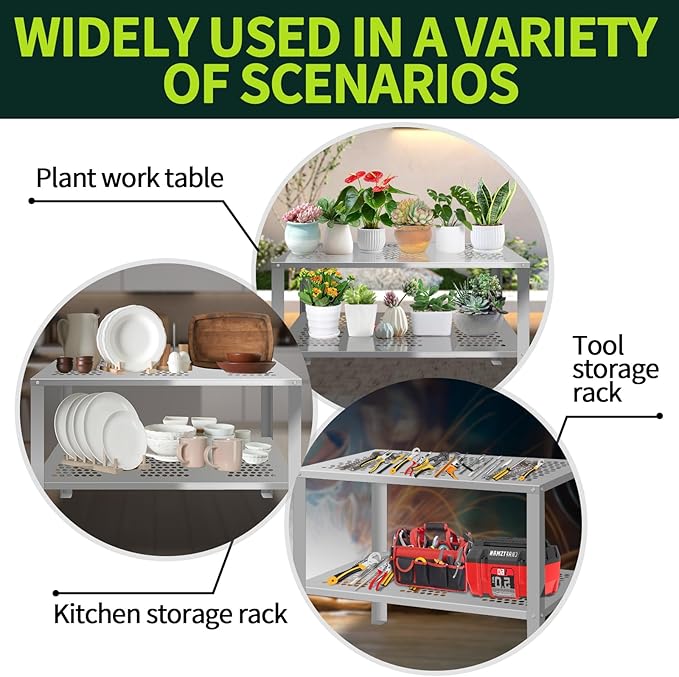 Outdoor Stainless Steel Potting Bench with Storage, Metal Garden Potting Table with Metal Tabletop and Shelf, Potting Work Bench Station for Garden, Patio, Backyard