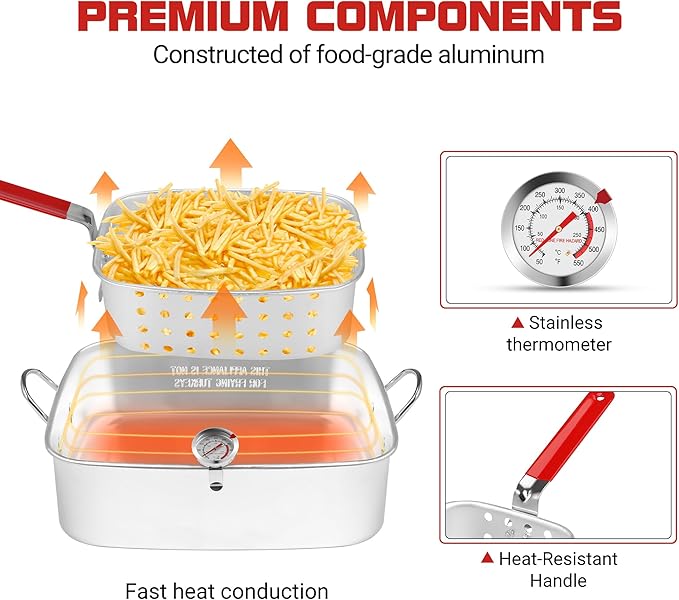 Propane Deep Fryer with 18Qt Square Deep Fryer Pot – High Grade Strainer Basket Aluminum Pot for Fish Fry, Seafood Pot – Propane Burners for Outdoor Cooking Include Thermometer-OT18-2