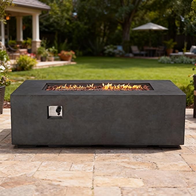 70 Inch Outdoor Propane Fire Pit Table for Outside Patio, Concrete Fire Pit Table, Rectangle Gas Fire Pit for Garden, Pool, Backyard, 60,000 BTU, Free Lava Rocks, Dark Gray
