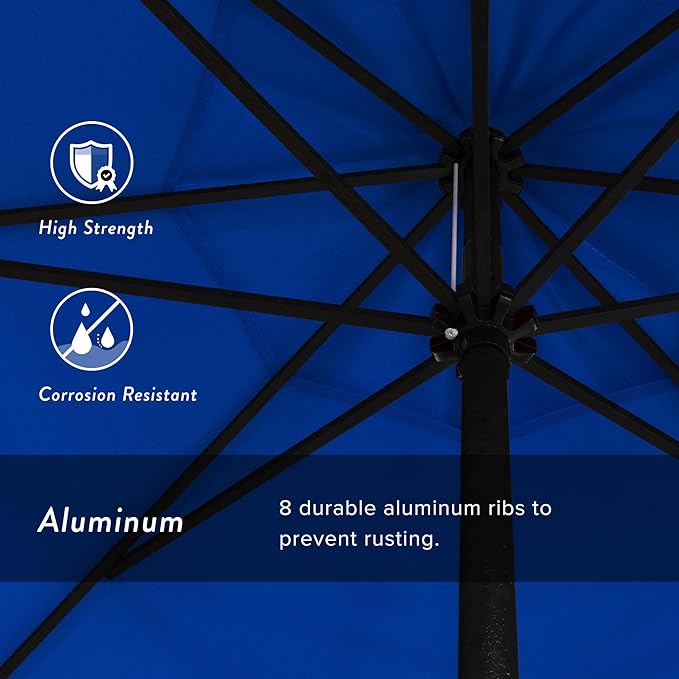 California Umbrella 9' Rd Aluminum Patio Umbrella, Crank Lift, Auto Tilt, Black Finish, Sunbrella Pacific Blue