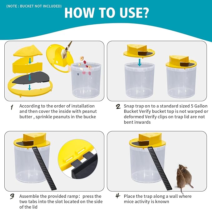 Mouse Trap Bucket Adapted to 5 Gallon Bucket Lid Rat Trap Automatic Reset for Indoor Outdoor Use Reusable (3PC)