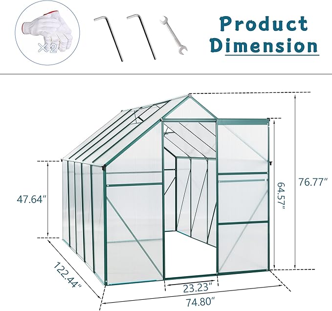 6×10 FT Polycarbonate Greenhouse for Outdoors with Raised Base & Anchor, Heavy-Duty Walk-in Aluminum Green House Kit with Sliding Door & Roof Vent, Outdoor Greenhouse for Backyard Garden, Green