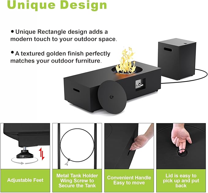 Dineli 2-Piece Outdoor Propane Fire Pit Table Set w Tank Table 48'' Rectangular Firepit Gas Fire Pits for Outside Patio Fire Table Tabletop Fire Pits w CSA Certified, 50,000 BTU, Black