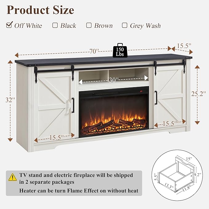 JXQTLINGMU Farmhouse Fireplace TV Stand for 75,80 Inch TV, 32" Tall Entertainment Center w/4 Drawers & Sliding Barn Door, 70-Inch Highboy Media Console for Living Room, Off White