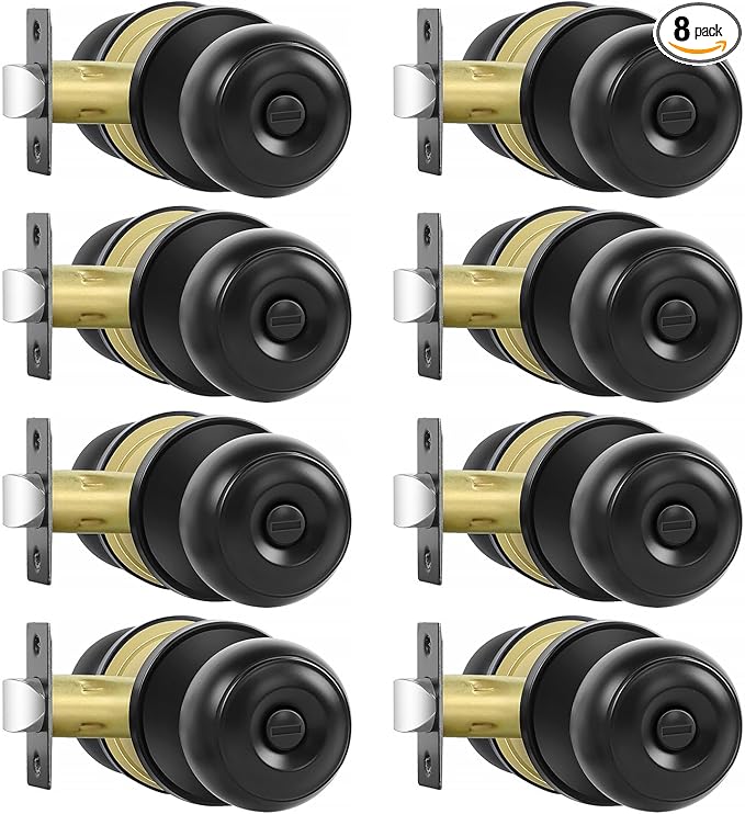 RAZCC Privacy Door Knobs, 8 Pack Matte Black Door Knobs with Lock, Bed and Bath Door Knob Interior Keyless Locksets, Round Door Handles Reversible for Left Right Handed Doors