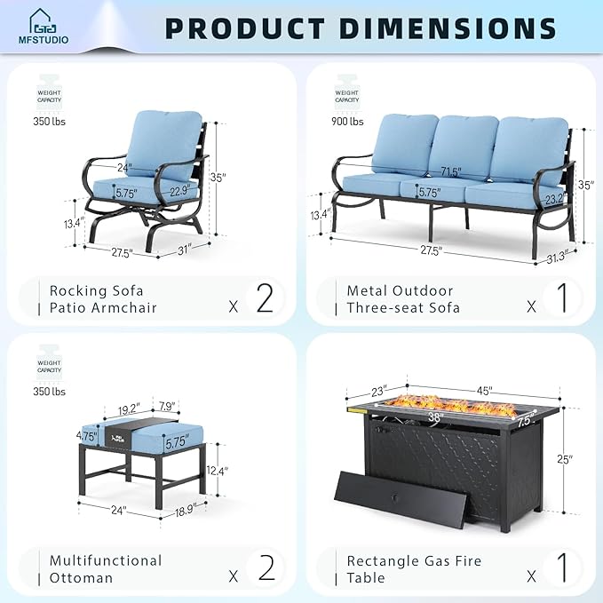 MFSTUDIO 6 Pieces Patio Furniture Sets with 45" Gas Fire Pit Table(Up to 7 Seat),Outdoor Metal Conversation Sofas with 1 x 3-Seat Sofa,2 Rocking Chairs and 2 Ottoman,Blue Cushion