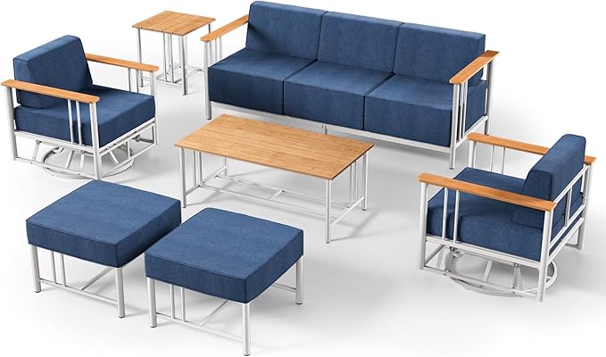 Luxury Outdoor Furniture Set with Swivel Chairs, 7 PCS Patio Furniture Set with 6" Extra Thick Cushions, Suitable for Porch, Balcony, Deck, Patio, Yard, Poolside, White/Blue