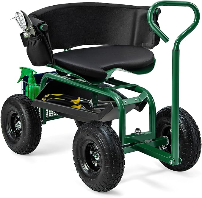 Goplus Garden Seat with Wheels, Rolling Gardening Stool with Adjustable 360° Swivel Seat, Tool Tray & Storage Basket, Extendable Handle, Outdoor Gardening Scooter, Garden Cart Workseat for Seniors
