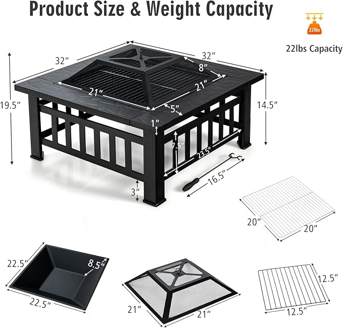 Giantex 32" Outdoor Fire Pit, 3 in 1 Square Wood Burning Fire Table, Multifunctional Firepit for Outside Patio Backyard Porch Garden, Bonfire Stove Fireplace with Rain Cover for Picnic, Camping