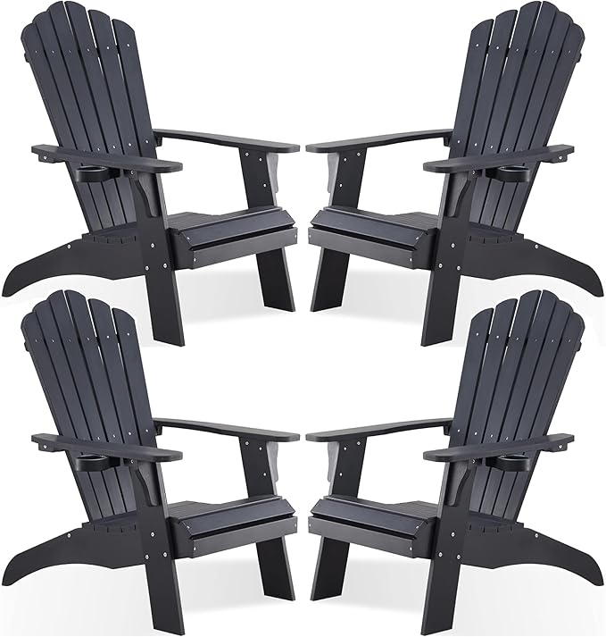 Psilvam Adirondack Chair, Oversized Poly Lumber Fire Pit Chair with Cup Holder, 350Lbs Support Patio Chairs for Garden, Weather Resistant Outdoors Seating, Relaxing Gift for Father & Mother (4, Black)
