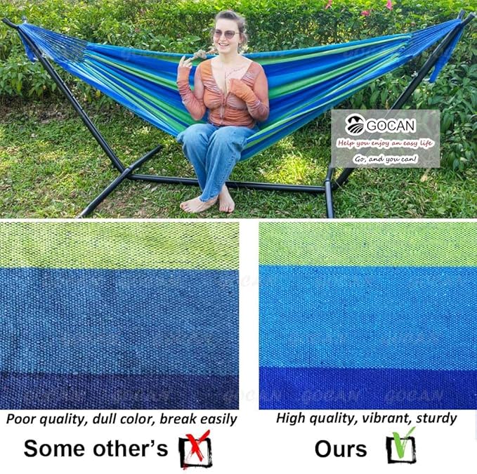 GOCAN Brazilian Double Hammock 2 Person Extra Large 220x160cm Total Length 330cm Load 500lb Canvas Cotton Hammock for Patio Porch Garden Backyard Lounging Outdoor and Indoor(Blue/Green) XXL