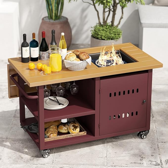 44" Gas Fire Pit Table, Table Top Firepit, 50000 BTU Gas Fire Pits for Outside Patio, Propane Fire Pit with Storage Space and Wine Glass Holder for Outdoor, Deck, Red