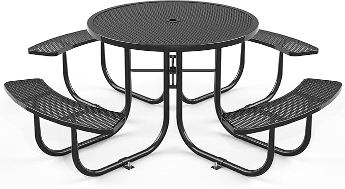 dafrigic 46" Round All Weather Resistant Commercial Picnic Table for Outdoors, Heavy Duty Picnic Table up to 4600 lbs with Umbrella Hole for School, Warehouse, Coffee Shop, Black