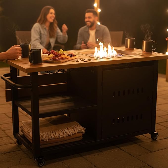 Outdoor Fire Pit, Gas Fire Pit Table with Universal Wheels, 50000 BTU Firepits for Outside, 44" Propane Fire Pit with Storage Space, Table Top Firepit for Outdoor, Deck, Black