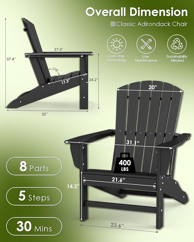 GREENVINES Adirondack Chairs Set of 4 | HDPE Plastic | Oversized Fire Pit Chair | All Weather | Black | Poly Lumber | for Outdoor Deck Backyard Patio Garden