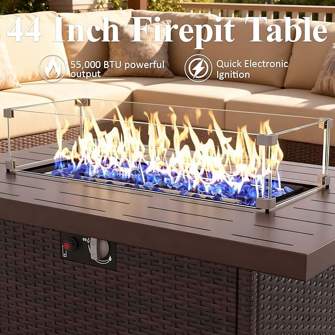 Propane Fire Pit Table, 44" Outdoor Gas Fire Pit with Glass Wind Guard & Waterproof Cover